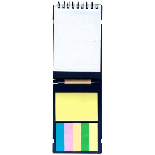 open mini notepad with sticky notes, pen, and compact flags